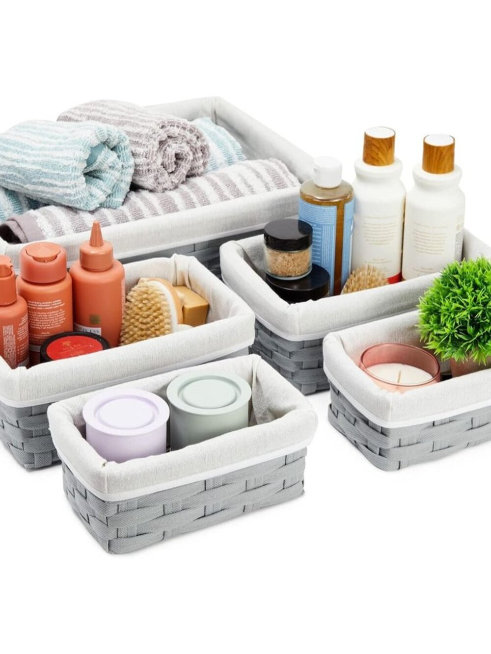 Wicker Nesting Baskets with Cloth Lining - 5-Pack Gray Rectangular Set - Stackab - Picture 7 of 10
